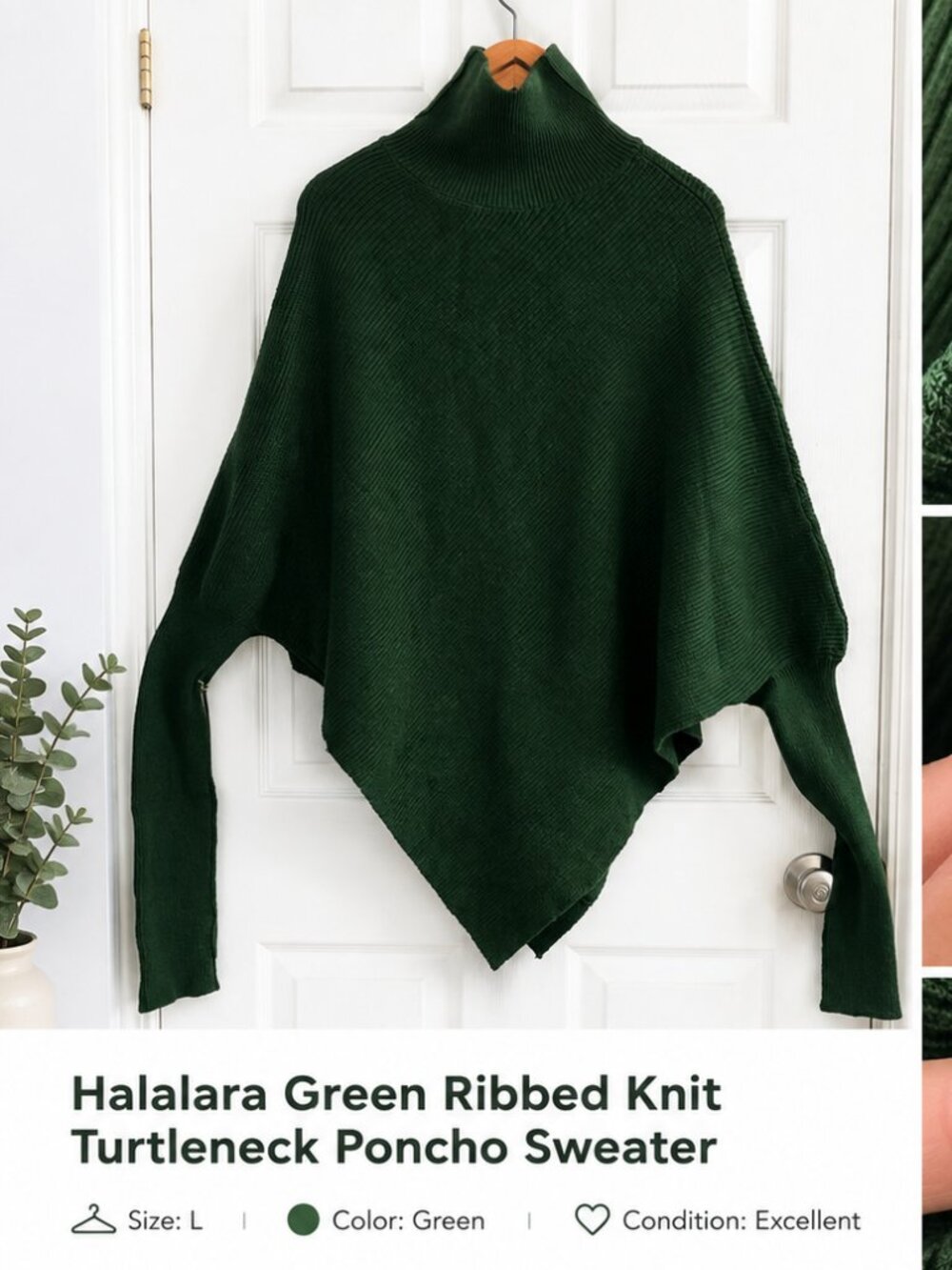 Halalara Forest Green Ribbed Knit Turtleneck Poncho Sweater Size L